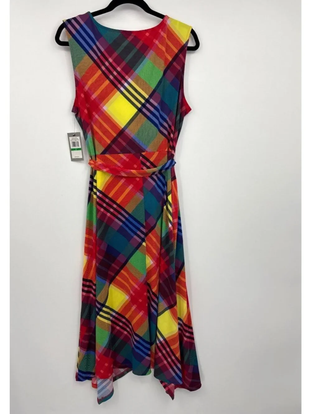 Chaus Stretch Plaid Asymmetrical Belted Midi Sleeveless Dress Red Size Large NEW - Picture 8 of 8